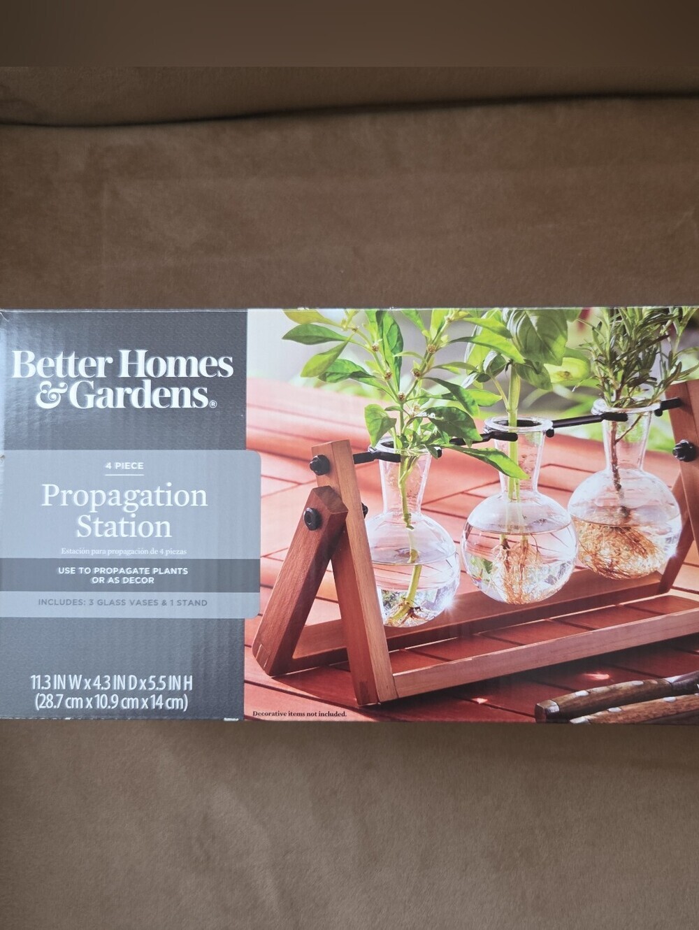4 pc Better Homes & Gardens Plant Propagation Station BHG Clear Vases Wood Stand